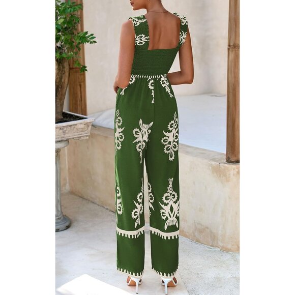 Women's Green Apricot Flower Casual Boho Summer Shirred Strap Rompers Jumpsuit - Picture 6 of 6